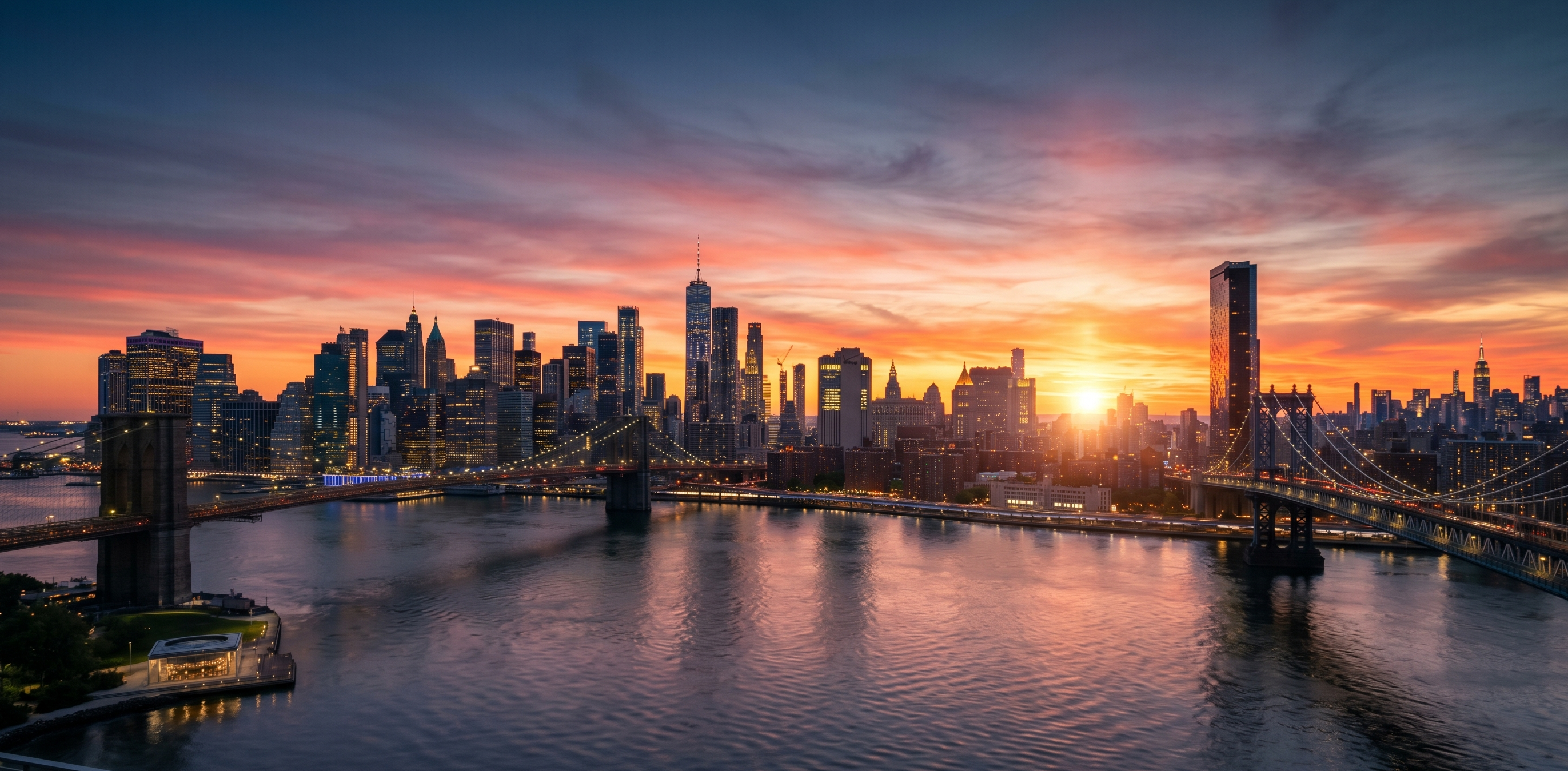 A sunrise over a city skyline